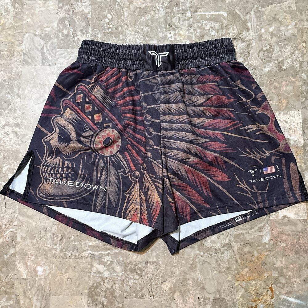 Takedown Fight Shorts Mens Large Skull Chief Tribal MMA Jiu Jitsu Wrestling